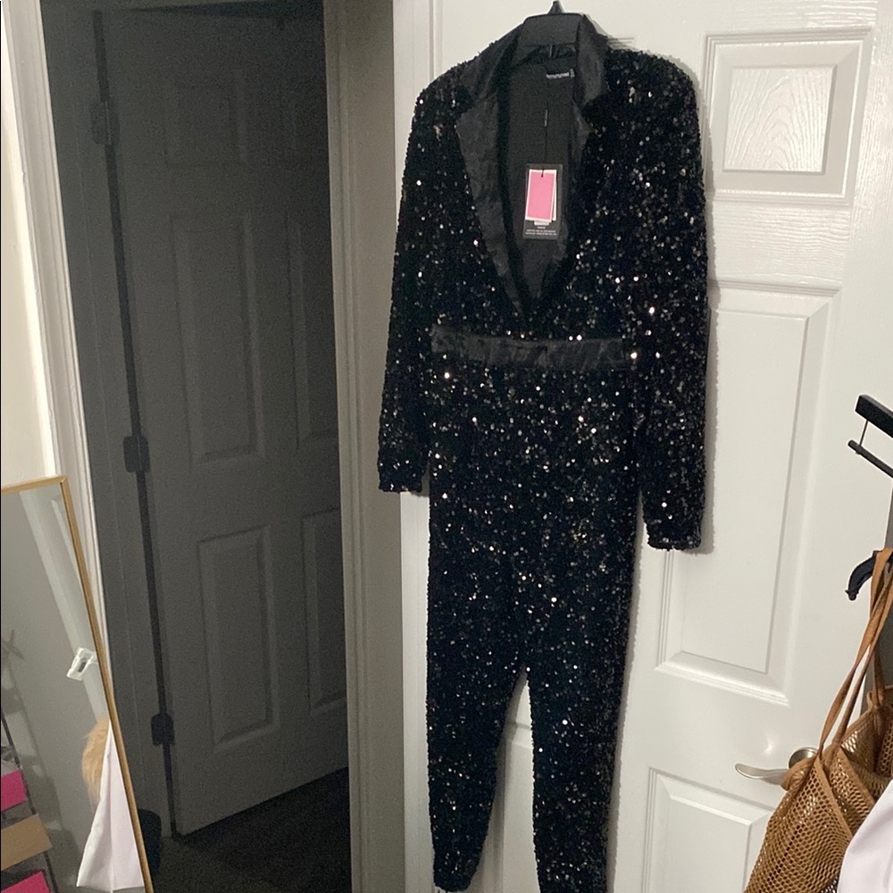 PrettyLittleThing Black Sequin Jumpsuit